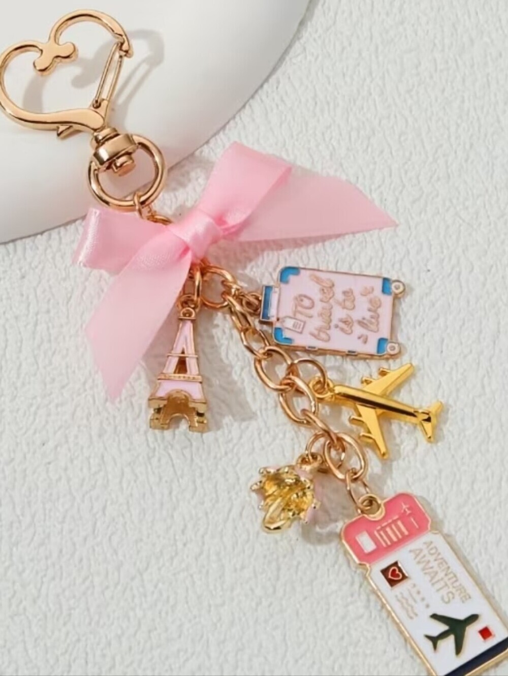Coquette Travel Keychain Pink Bow Airplane Eiffel Tower Charm Bag Charm - Picture 2 of 7
